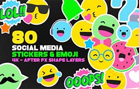 AE模板-网络社交媒体平台的可爱卡通的表情符号贴纸动画 Emoji And Social Media Stickers 4K Pack