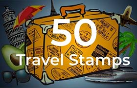 AE模板-50个粉笔状卡通旅行文字标题标签图章动画 50 Travel Stamps