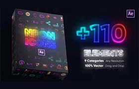 AE模板-110个霓虹彩色发光简约线条图标动画 Neon Icons Essential Pack