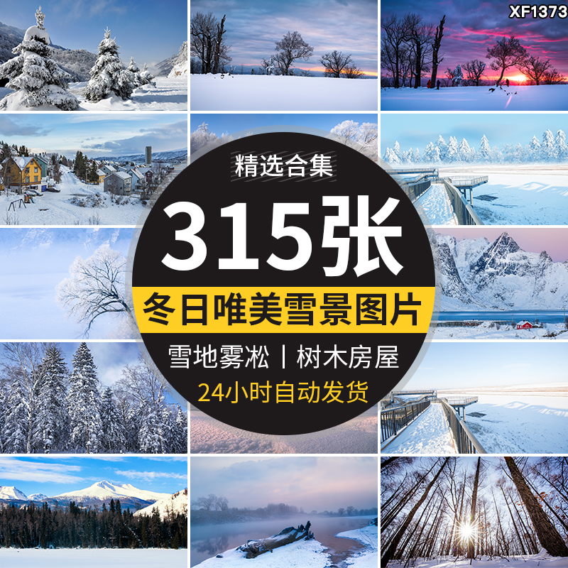 冬天冬季雪景房屋子宽屏雪山树林白雪地自然风景高清合成图片素材插图