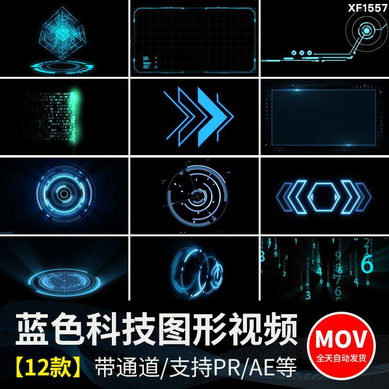 蓝色科技感数字化赛博朋克图形元素动画透明底通道pr_ae视频素材插图